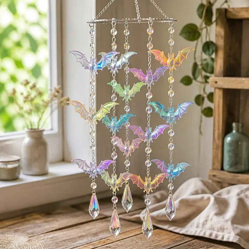DIY rainbow holographic bat mobile hanging in a stylish home decor setting