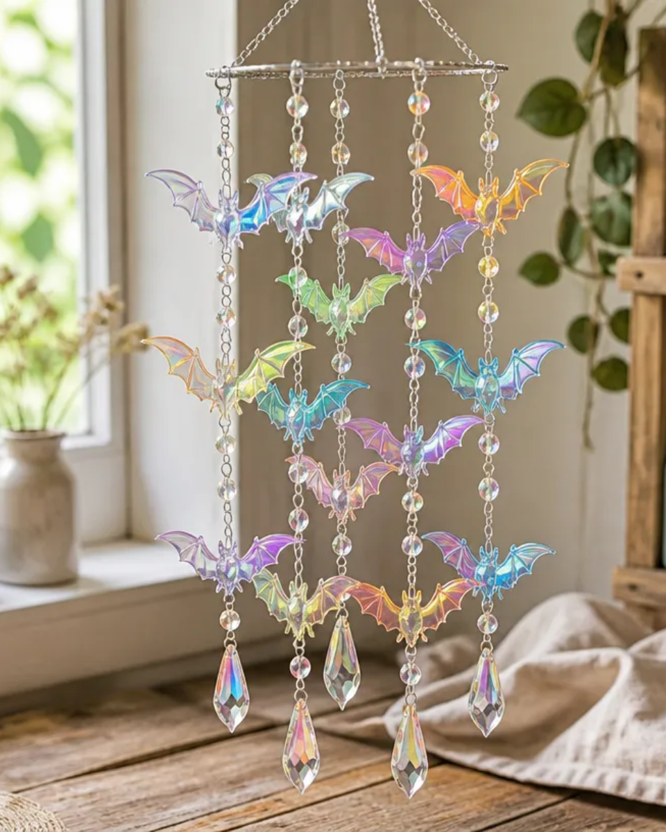DIY Rainbow Holographic Bat Crystal Mobile for Home Decor