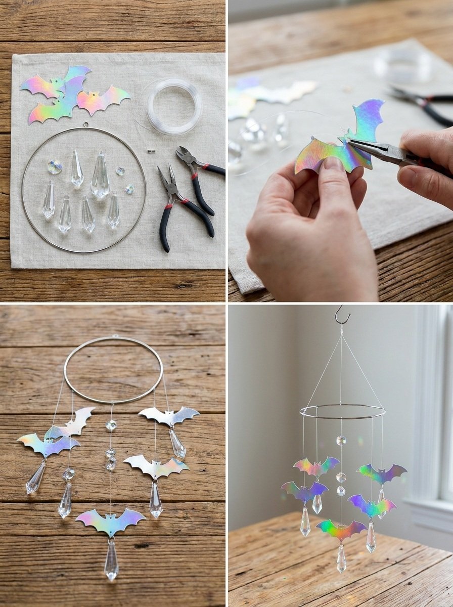 Rainbow Holographic Bat Crystal Mobile for Home Decor