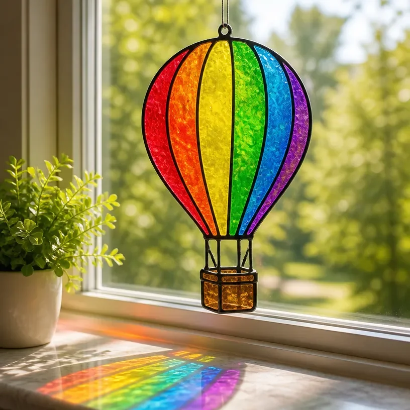 DIY rainbow prism balloon suncatcher hanging in a window