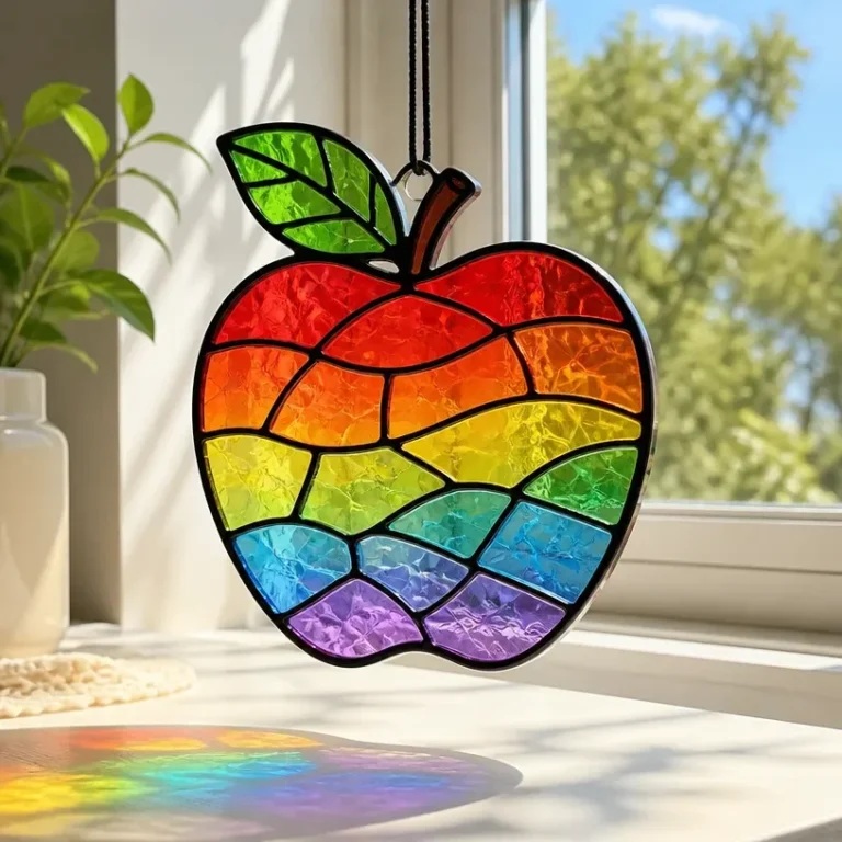 DIY rainbow stained glass apple suncatcher hanging in a window