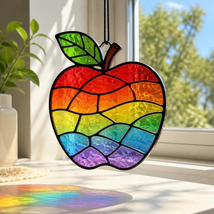 Colorful Rainbow Stained Glass Apple Suncatcher for Window Decor