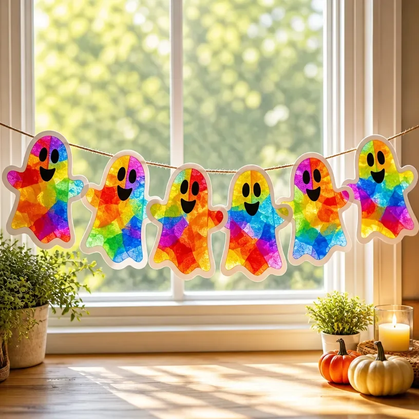 DIY Rainbow Stained Glass Ghost Window Garland for Halloween decor project
