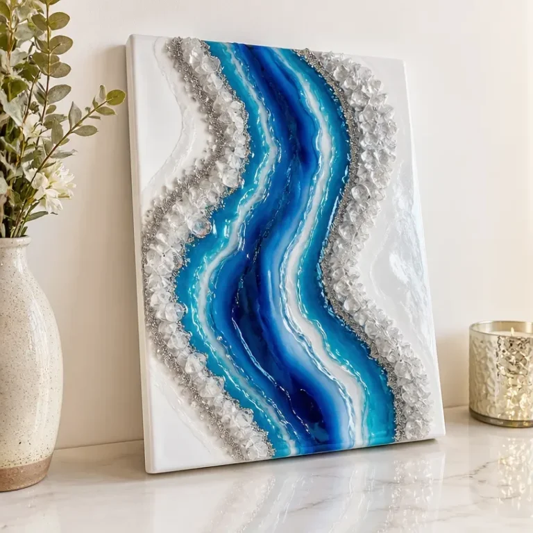 DIY resin geode wall art with faux crystal decor.