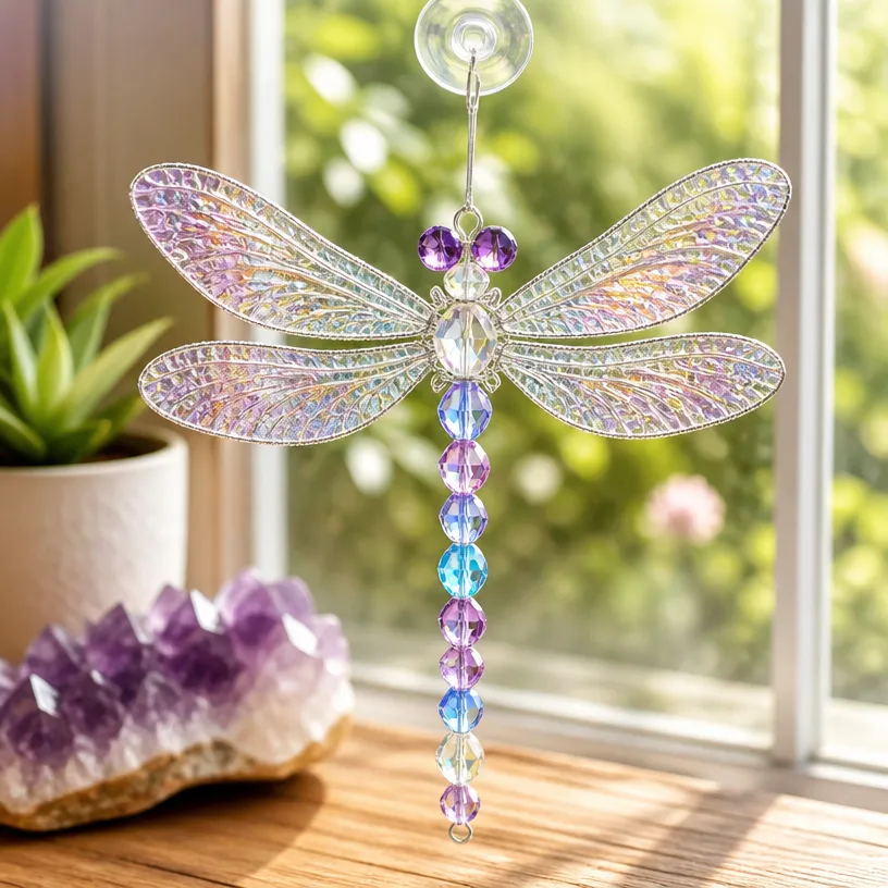 Sparkling Prismatic Bead Dragonfly Window Suncatcher
