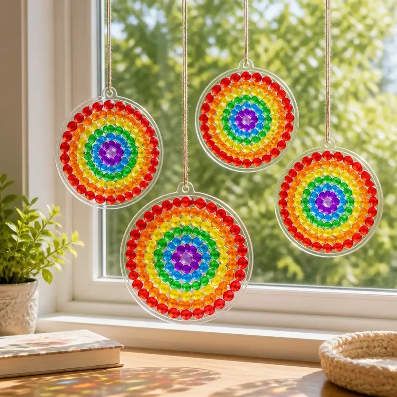 Colorful DIY stained glass sun catchers brightening a window
