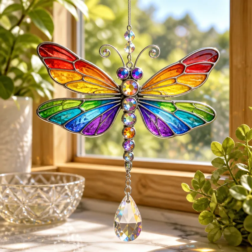 Dragonfly Glass Ornament with Prismatic Layered Design - Handmade Decor