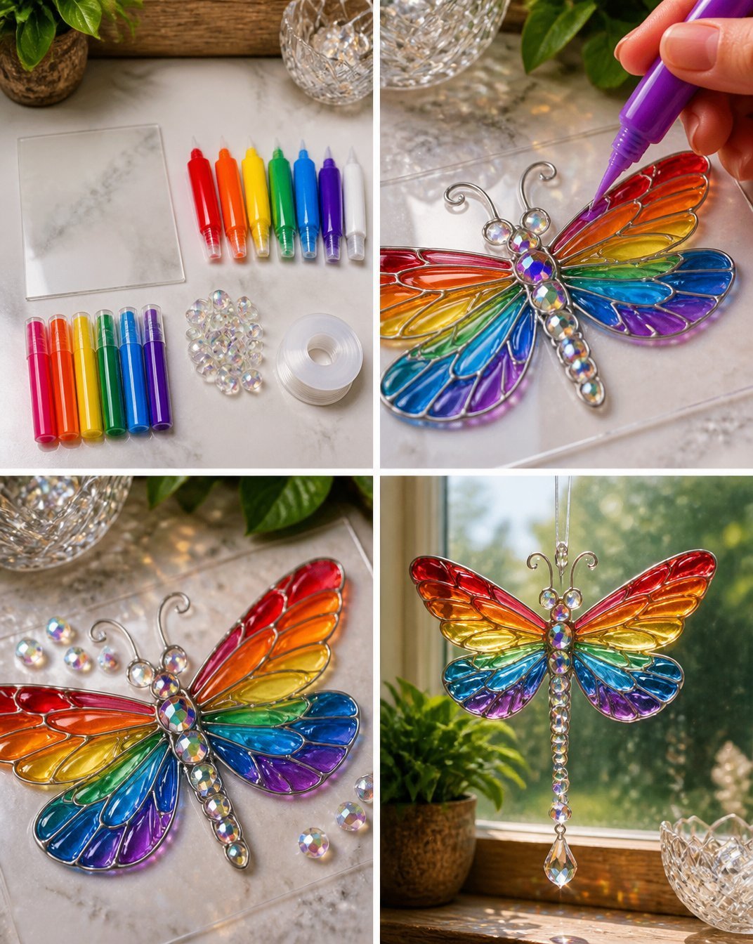 Dragonfly Glass Ornament with Prismatic Layered Design - Handmade Decor
