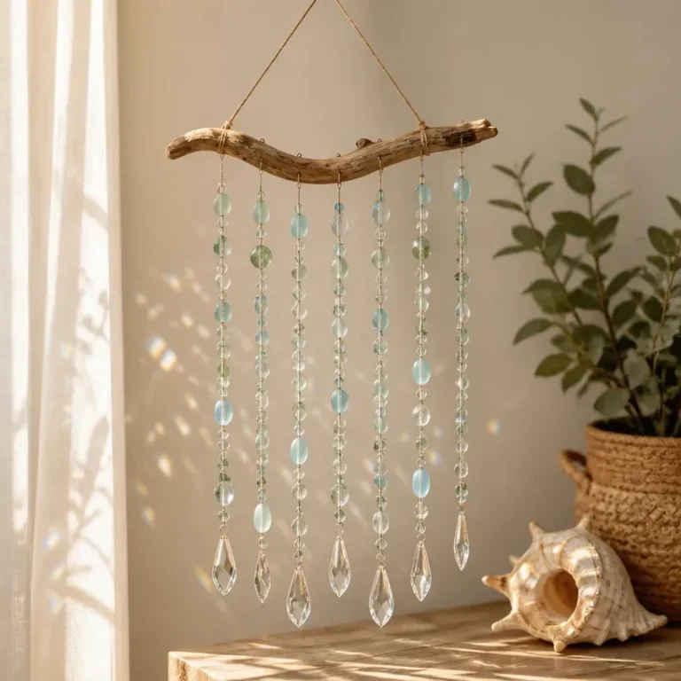 Handcrafted driftwood suncatcher catching sunlight for wall decor