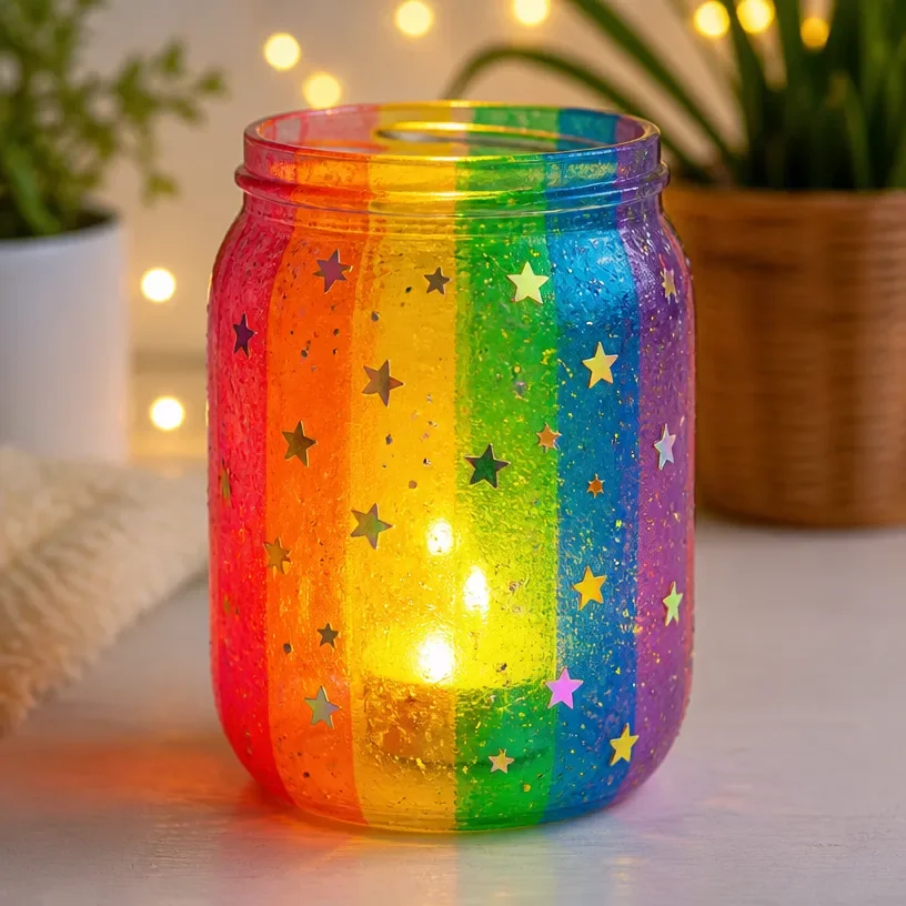 Homemade glow-in-the-dark rainbow fairy lantern for a night light