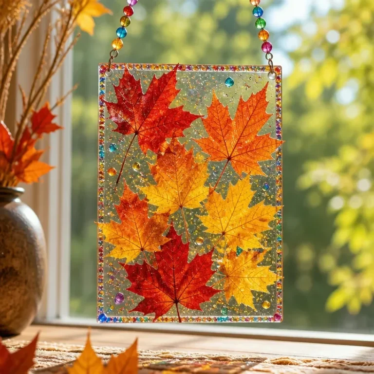 DIY rainbow leaf crystal suncatcher brightening a window with colorful reflections.