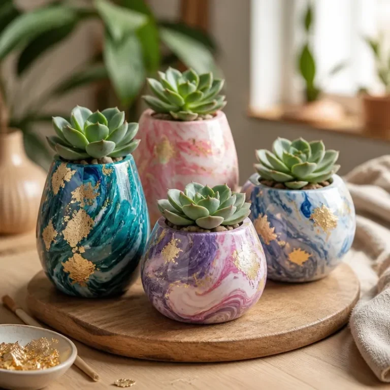 Handcrafted marble-look clay pots for modern home decor and stylish planters.