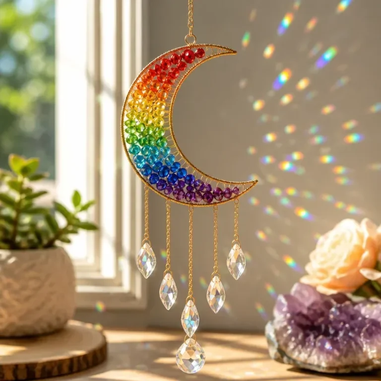 Prism rainbow moon suncatcher crystal window decor casting colorful light.