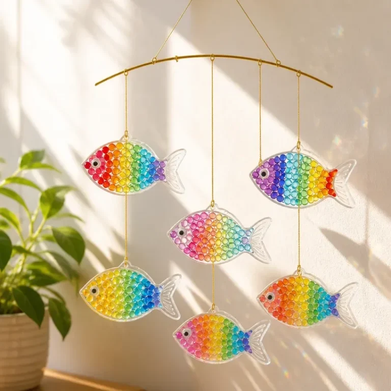 Rainbow Crystal Fish Suncatcher Mobile hanging, reflecting light and colors.