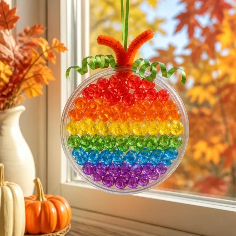 Vibrant Rainbow Crystal Pumpkin suncatcher reflecting sunlight, ideal for fall decor