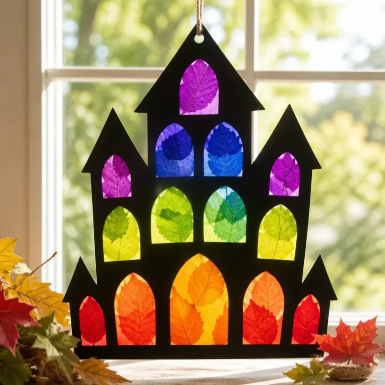 Rainbow Leaves Haunted House Suncatcher for Halloween Decor