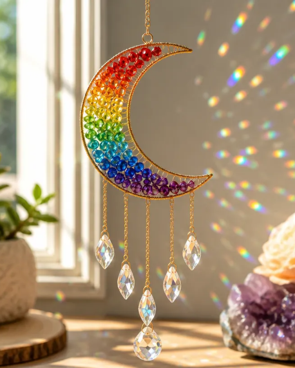 Prism Rainbow Moon Suncatcher With Crystal Window Decor