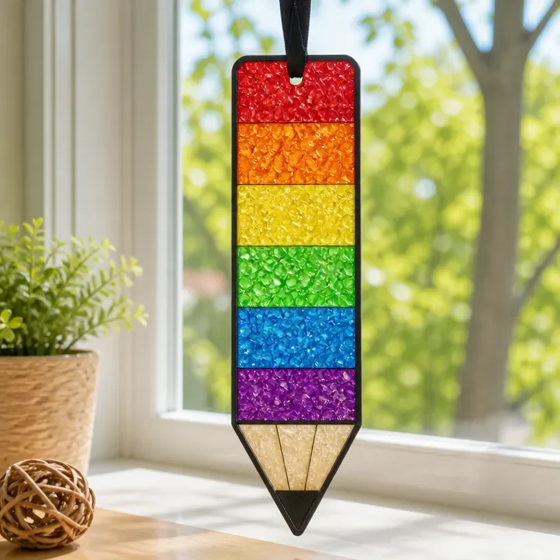 DIY Rainbow Pencil Crayon Suncatcher art hanging in a window