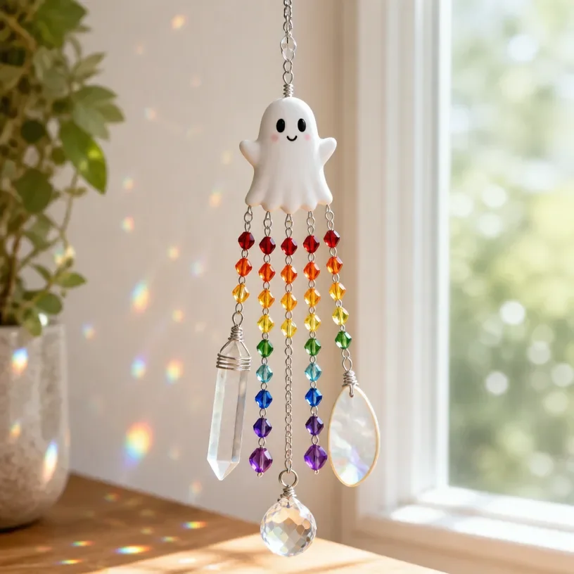 Spooky-Cute Rainbow Ghost Crystal Suncatcher for vibrant decor