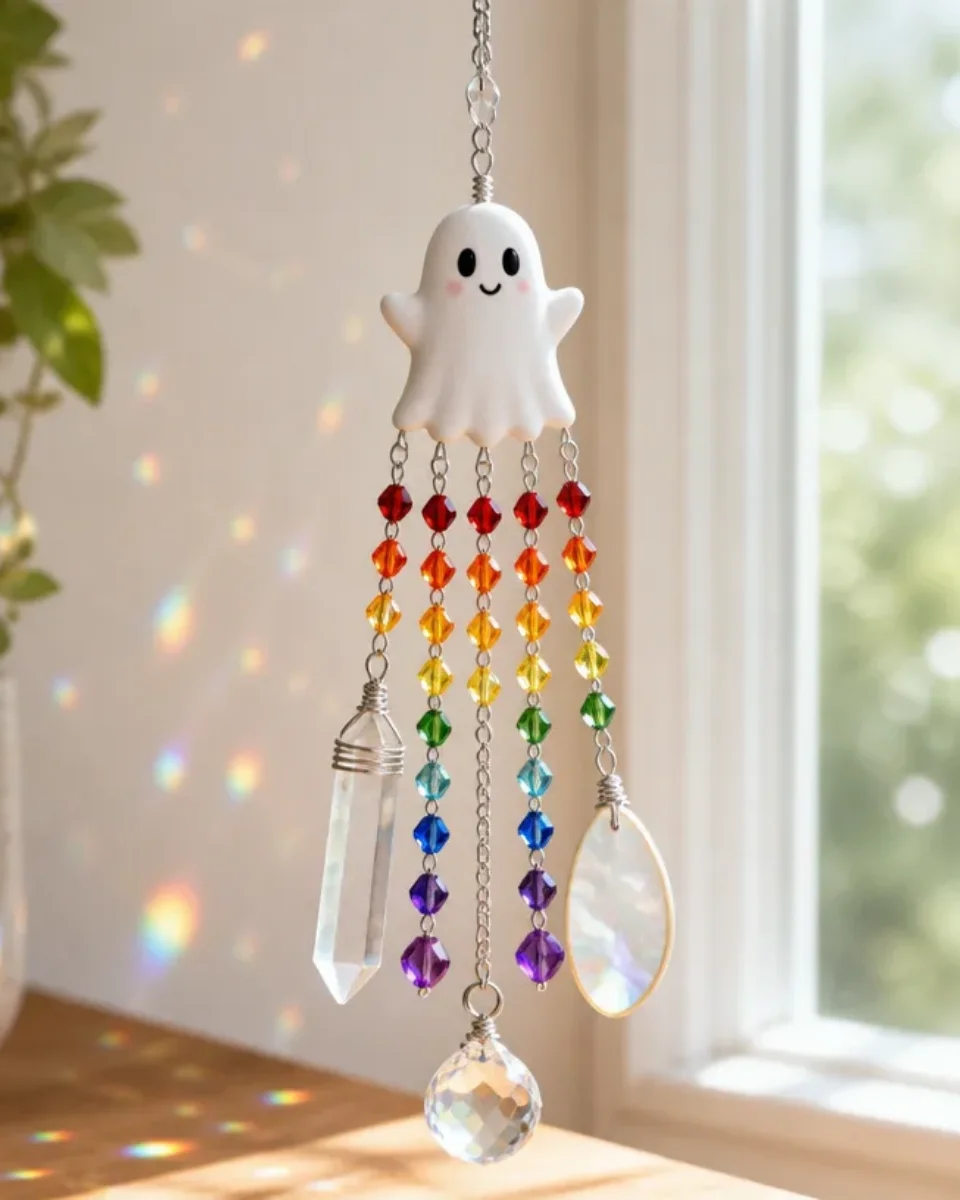 Spooky-Cute Rainbow Ghost Crystal Suncatcher