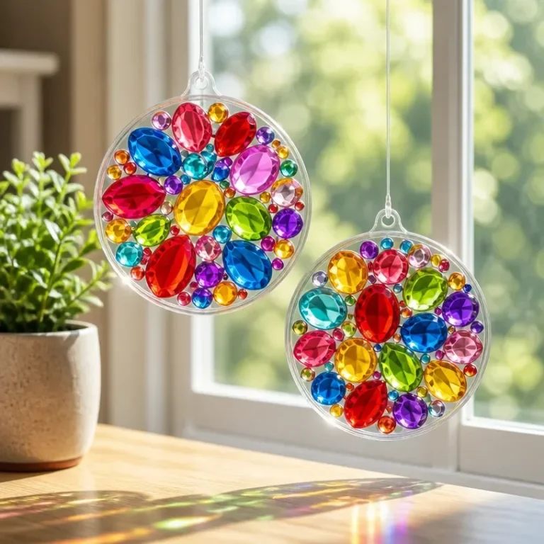 Colorful stained glass suncatchers hanging in a sunny window