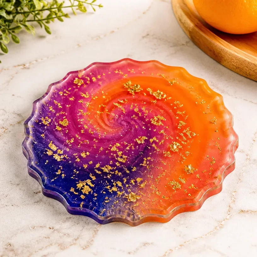 Sunset-inspired resin coaster designed for drinks, featuring vibrant colors