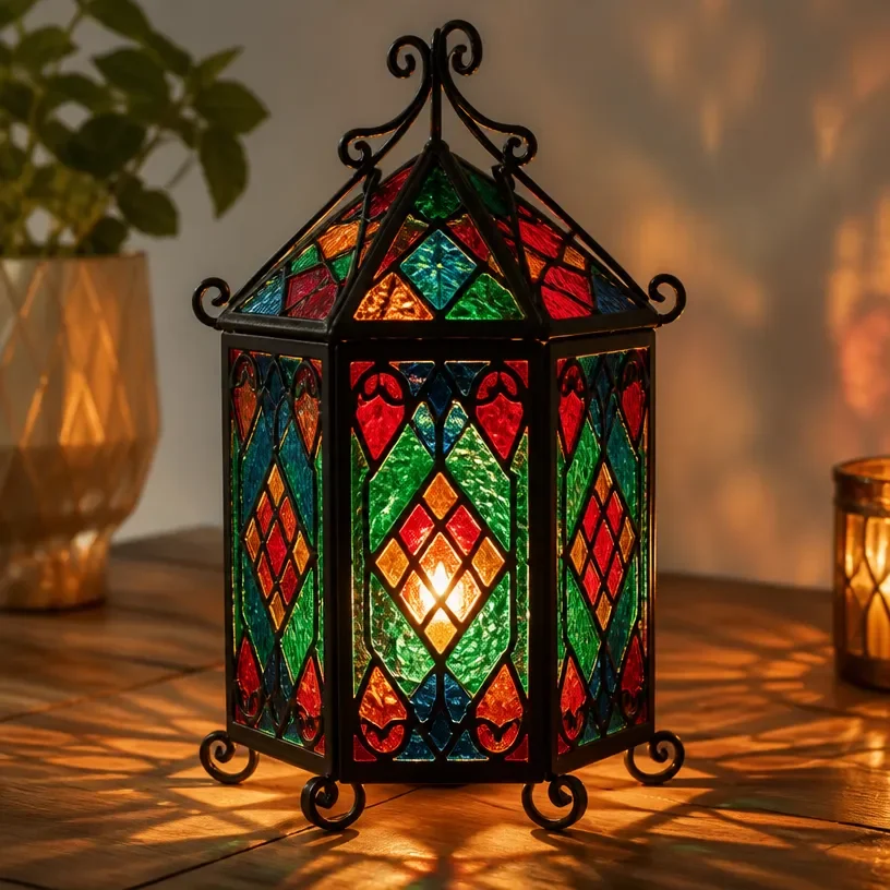 Vibrant stained glass candle lantern adding style to home decor